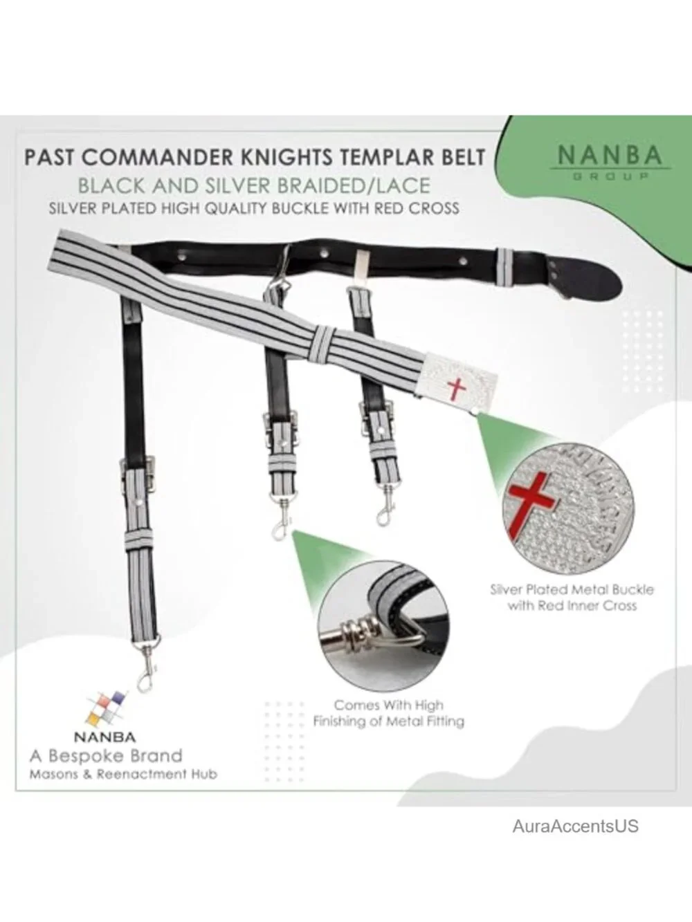 Knights Templar Belt Silver Plated Buckle Red Cross Adjustable Ceremonial